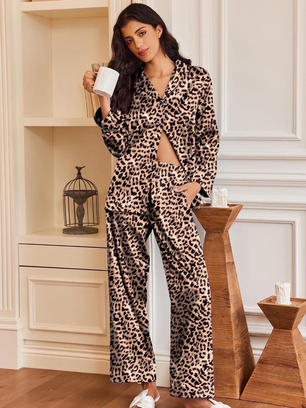 Leopard Print Women's Pajama Set - Beige and Black